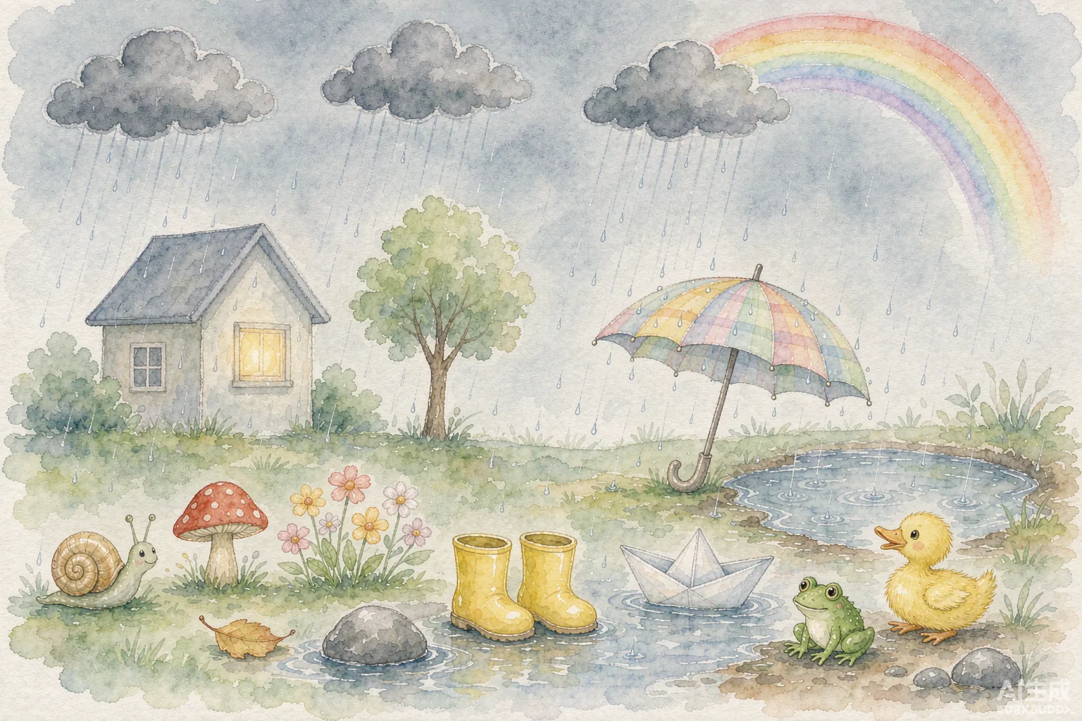 雨天场景图：云、彩虹、雨、窗户、树、房子等