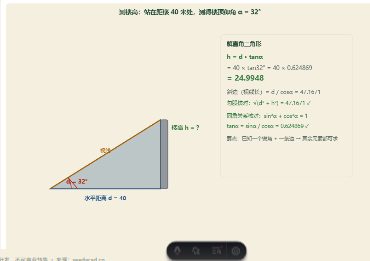 「解直角三角形（测楼高 · 坡度 · 方向角）」模拟器画面